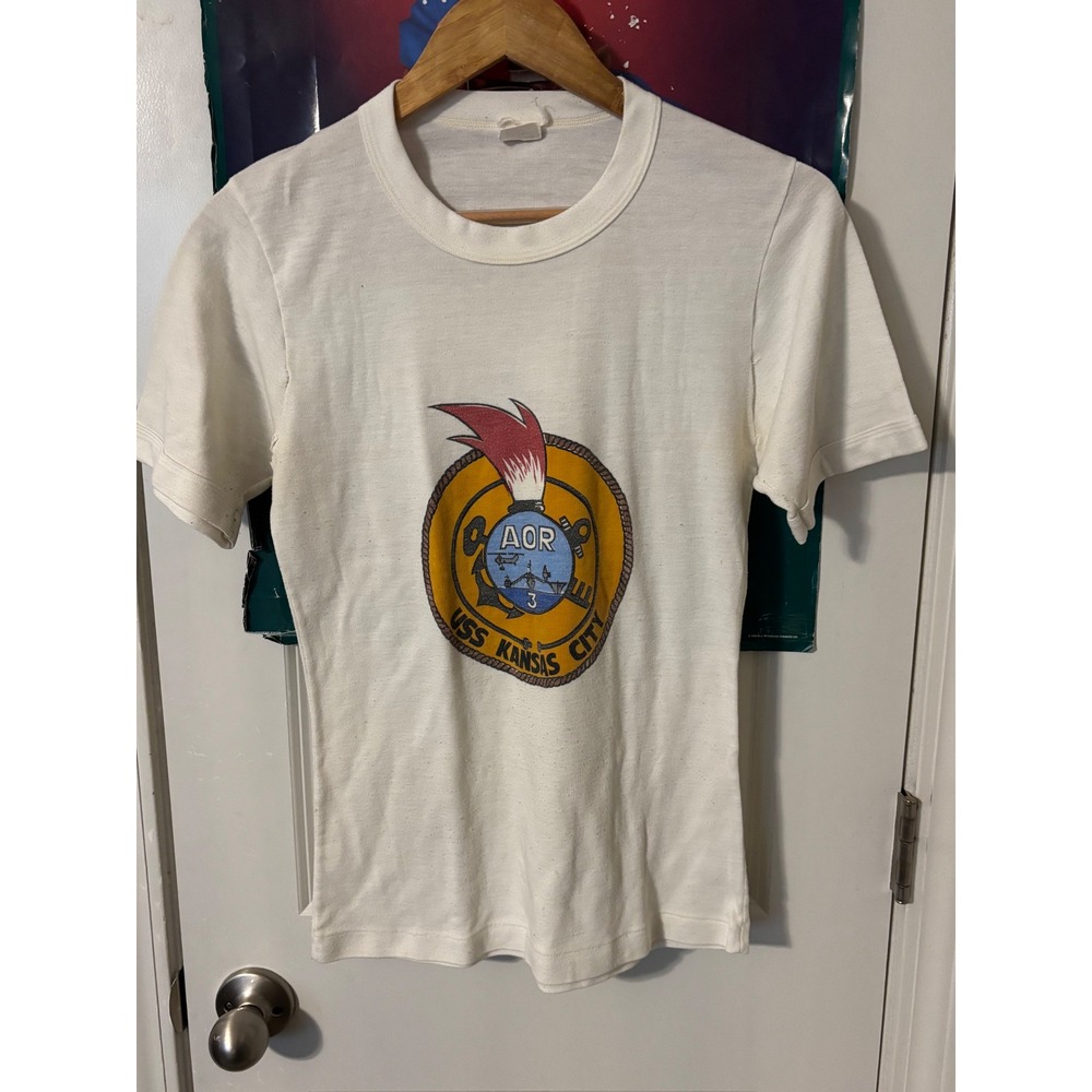 Vintage USS Kansas City AOR-3 US Navy T-Shirt White Single Stitch 70s Small